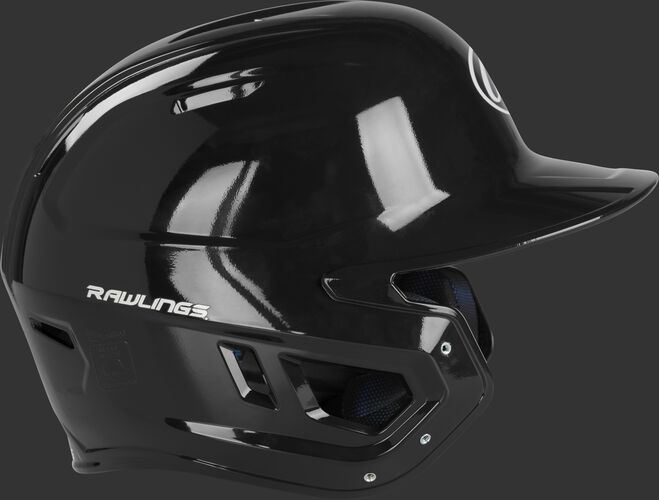 Right side of a MCC01A Rawlings Mach gloss helmet with a black shell and compatible with a MEXT face guard extension