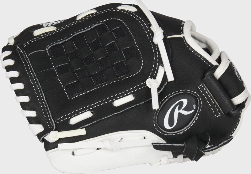 Thumb of a left handed black Rawlings 10.5-inch fastpitch softball glove with a black basket web - SKU: ACAHFP105BW-RH