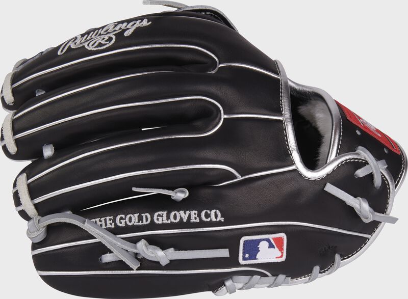 Back of a black Carlos Correa 11.75" Pro Preferred infield glove with the MLB logo on the pinky - SKU: PROS315-6CC