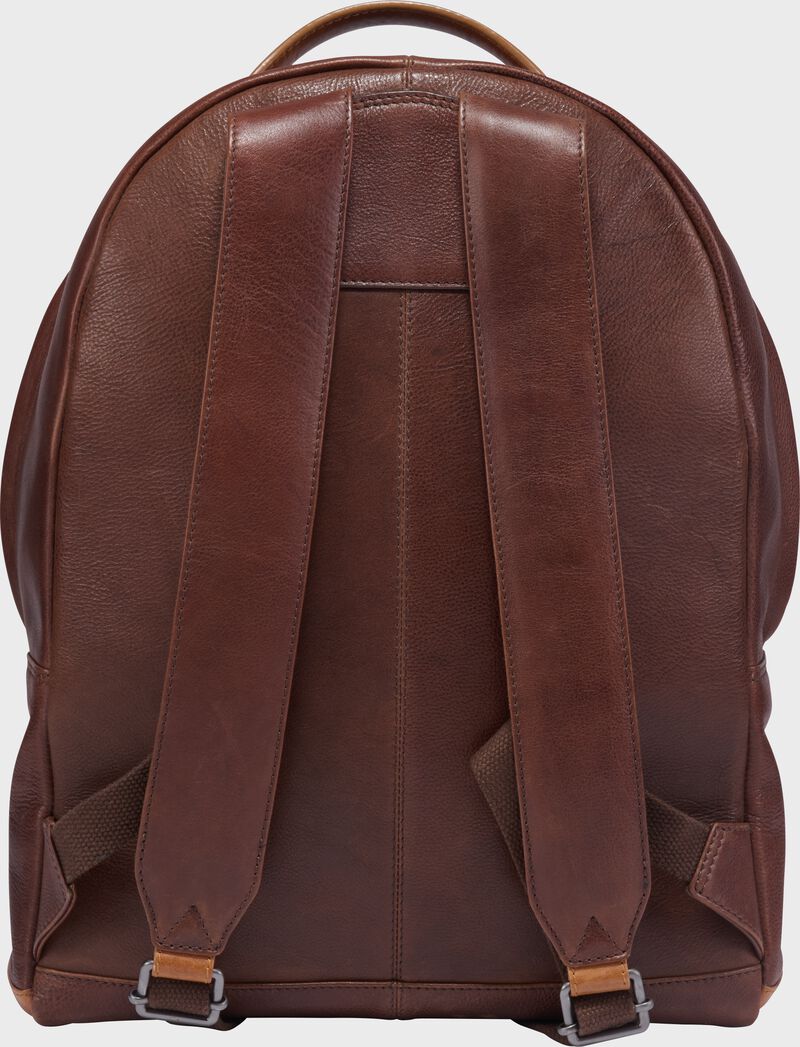 Back of a brown Rawlings Heritage Backpack with brown leather shoulder straps