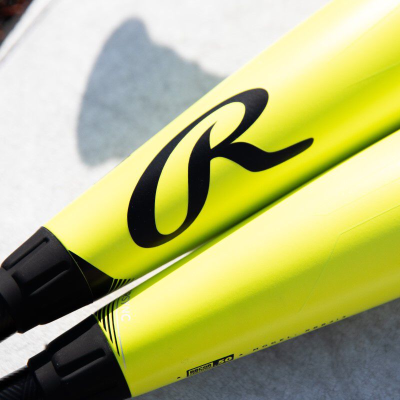 2 "Glowstick" Icon BBCOR bats with the Rawlings "R" logo showing on one - SKU: RBB4I3