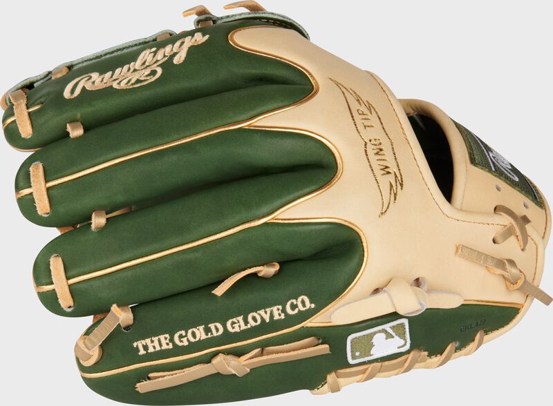 Back of a military green/camel HOH R2G 11.75" infield/pitcher's glove with the MLB logo on the pinky - SKU: RPROR205W-30MGC