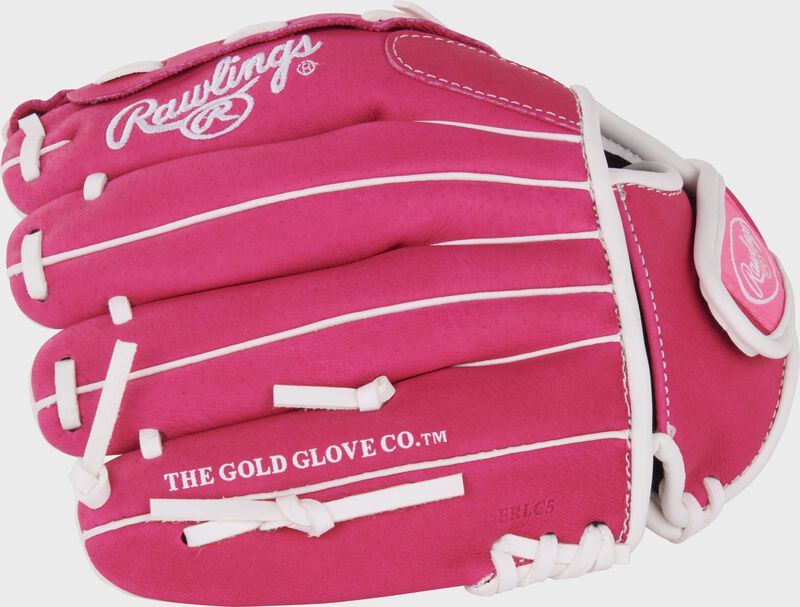 Finger backs of a pink/white Sure Catch Softball 10-inch Youth Softball Glove