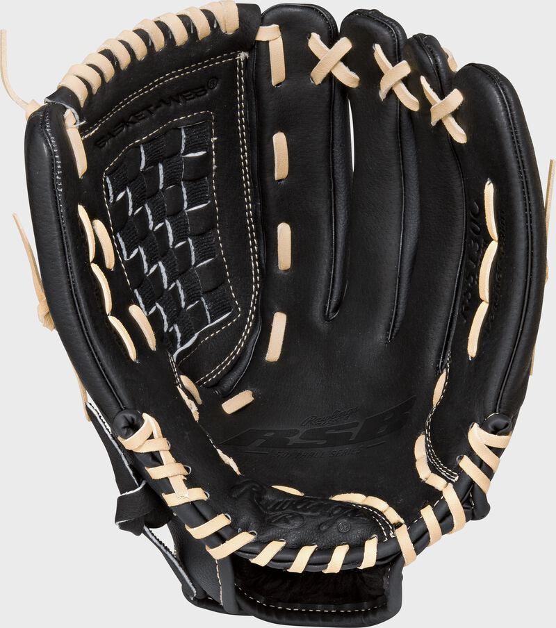 RSS130C Rawlings Softball Series 13-inch recreational glove with a black palm and camel laces