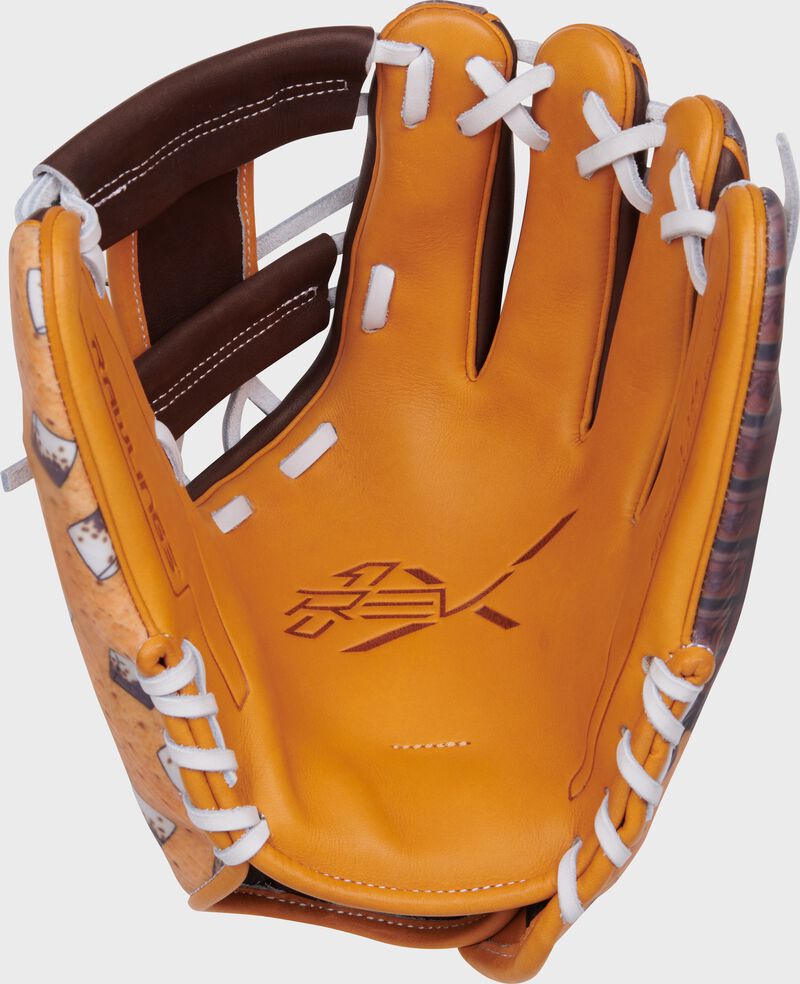 Tan palm of a Rawlings S'mores REV1X glove with white laces