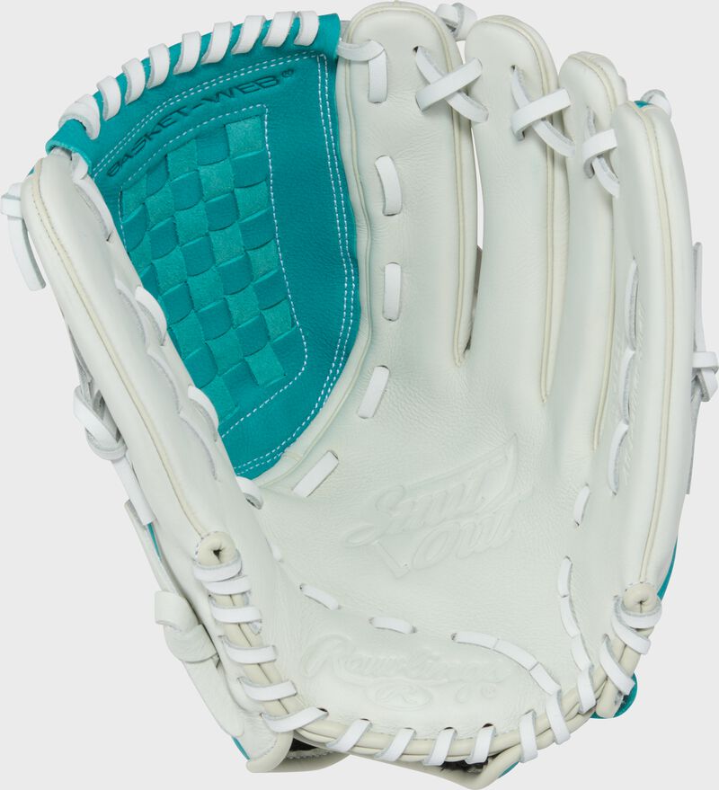 Palm of a white/teal Shut Out 12.5-inch Fastpitch Softball Glove loading=