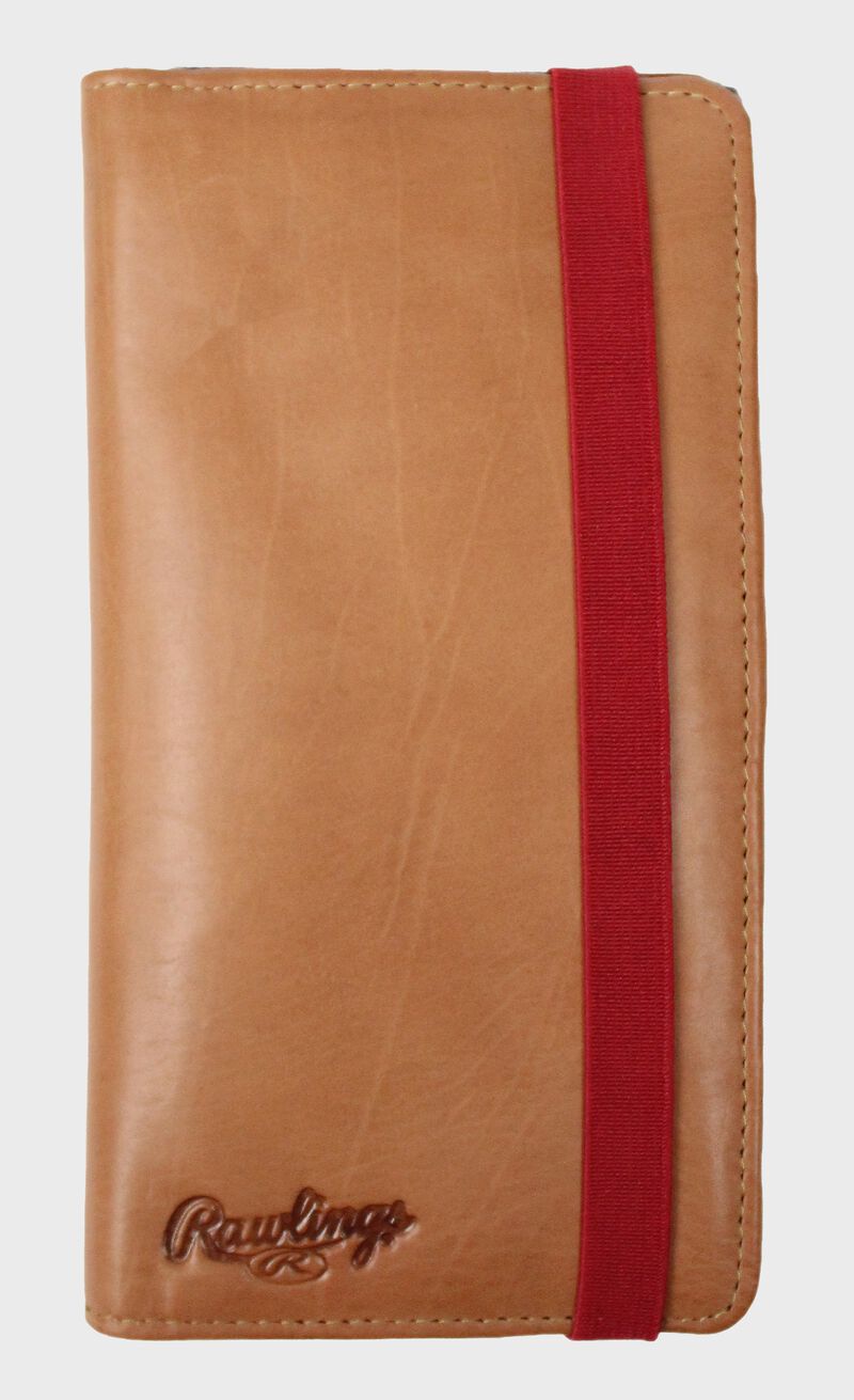 A tan Rawlings universal magnetic phone case with a red elastic closure strap - SKU: RO90006-204