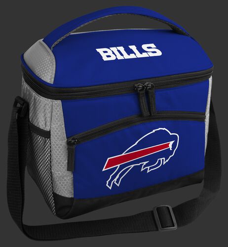 A blue Buffalo Bills 12 can soft sided cooler with a team logo on the front - SKU: 10111061111