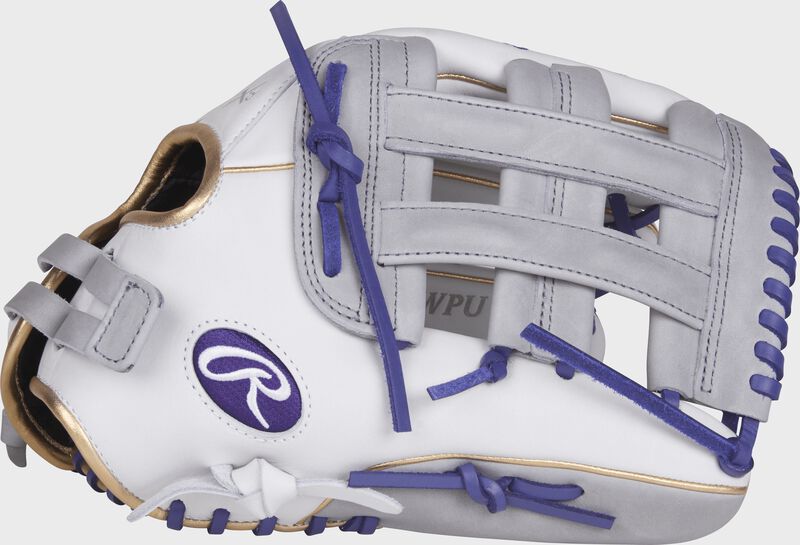 Thumb view of a white RLA130-6WPU Liberty Advanced color series 13-inch fastpitch glove with grey trim and grey H web loading=
