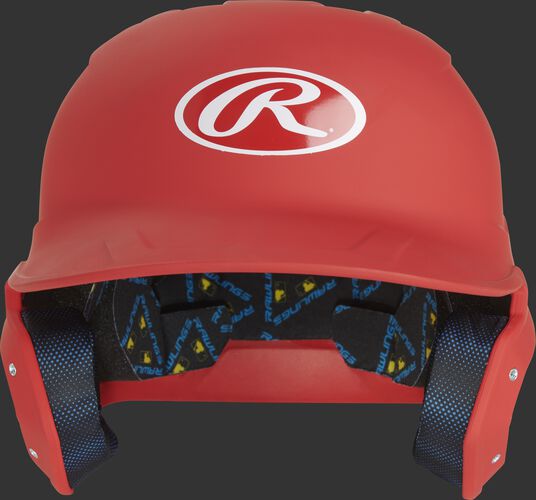 Front of a MCH07A high school/college Mach Alpha helmet with a scarlet shell and Oval R logo