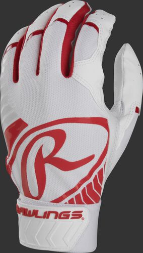 Back of a white/scarlet adult 5150 batting glove with a large scarlet oval-R across the back of the palm - SKU: BR51BG-S