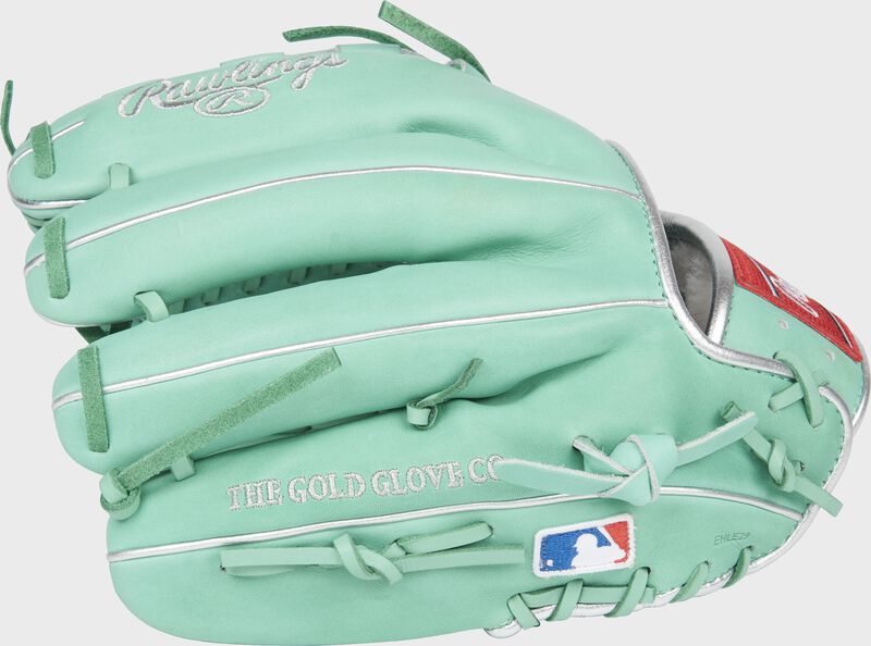 Finger backs of an ocean mint Marcus Stroman glove with the MLB logo on the pinkie - SKU: PROS206-MSO loading=