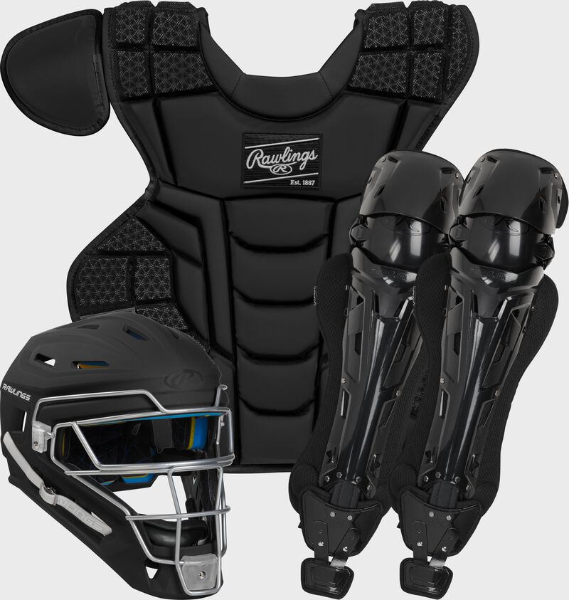 Picture of a helmet, chest protector, and leg guards of a black Mach Catcher's Gear Set