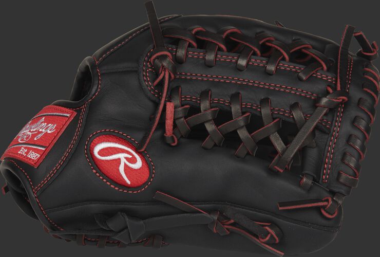 R9YPT4-4B R9 Series 11.5-inch pro taper infield/pitcher's glove with a black palm and black Modified Trap-Eze web