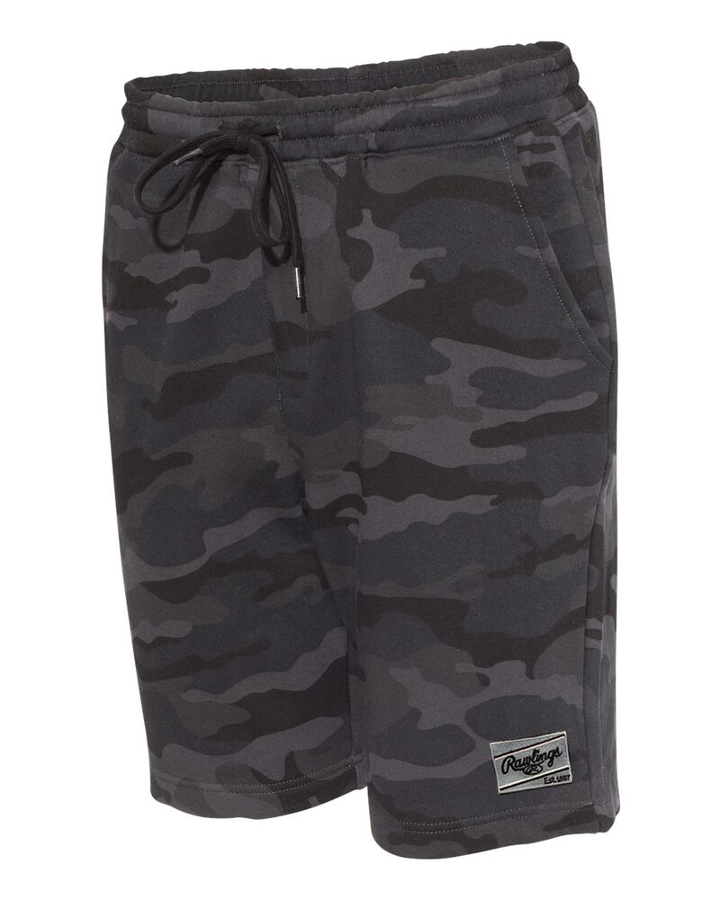 Side view of a black camo pair of Rawlings men's fleece shorts - SKU: RSGFS-B/HC