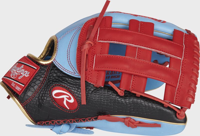 Web back view of Scarlet red, and Columbia blue 2021 Exclusive Heart of the Hide R2G outfield glove
