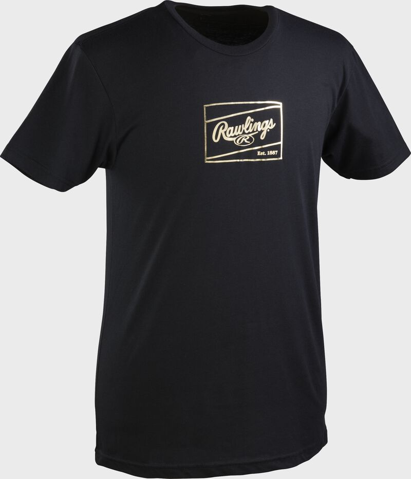 A black adult Rawlings Gold Patch short sleeve shirt with a gold Rawlings patch outline