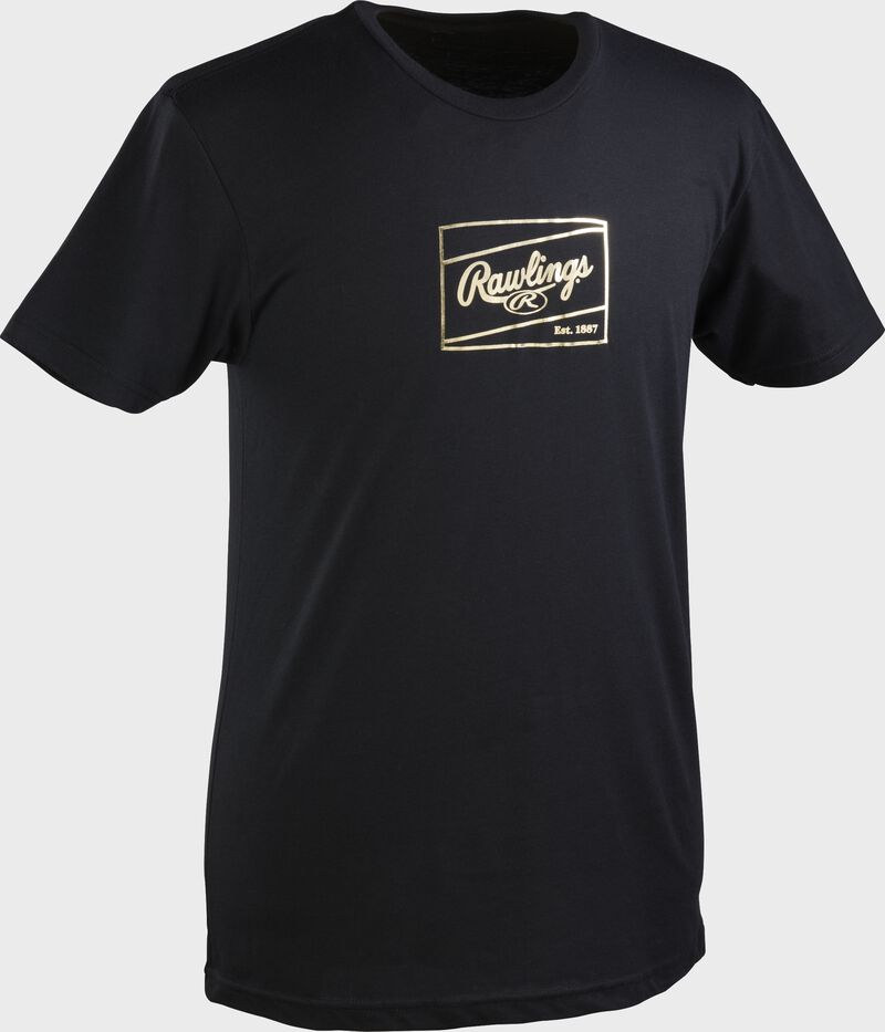A black adult Rawlings Gold Patch short sleeve shirt with a gold Rawlings patch outline loading=