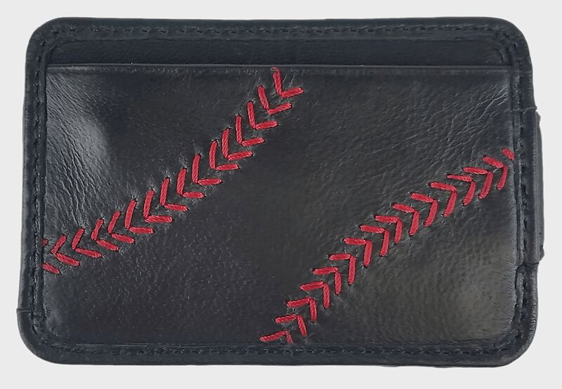 A black RL164-001 Baseball Stitch front packet wallet with red stitching on the outside credit card slot