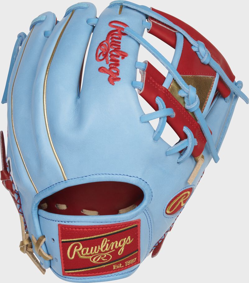 Columbia blue back of a HOH ColorSync 6.0 I-web glove with a red Rawlings patch - SKU: PRO204-2SCB
