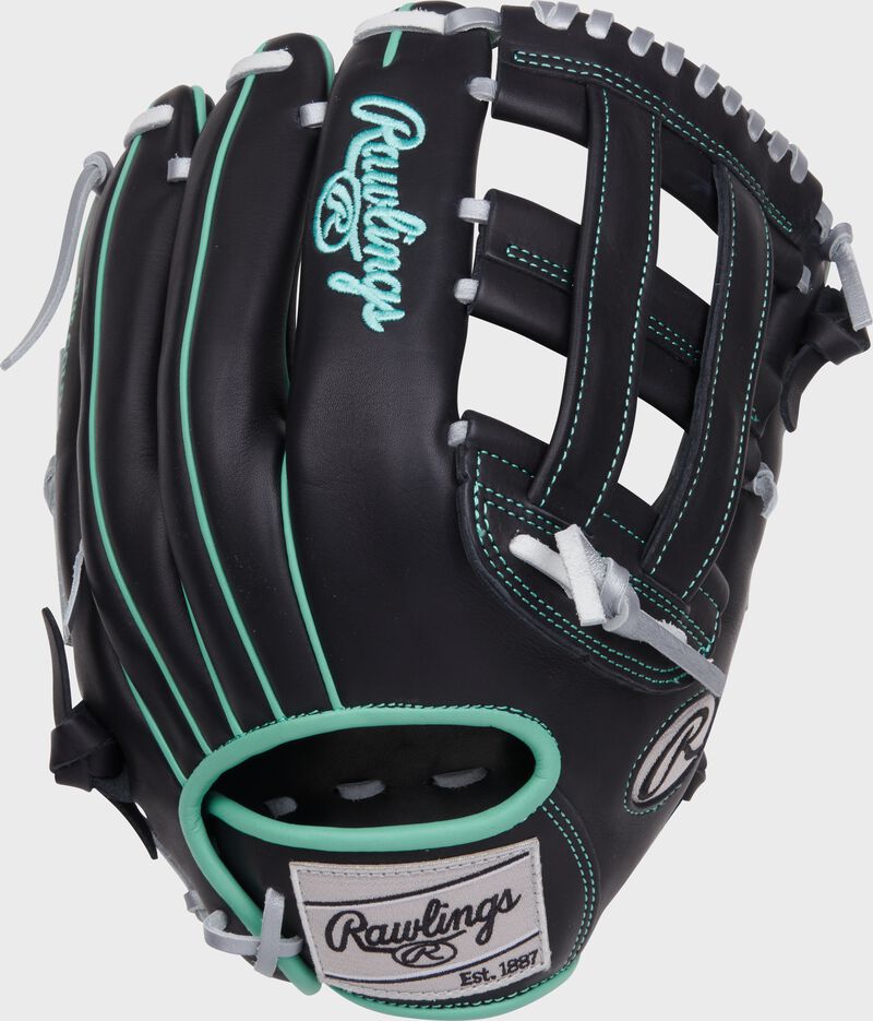 Black back of a NXT Series 12.5" H-web glove with a gray Rawlings patch