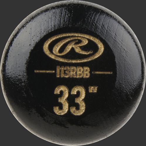 Black knob of a Rawlings Big Stick Elite Birch bat with an engraved Oval-R and 33" size - SKU: I13RBB