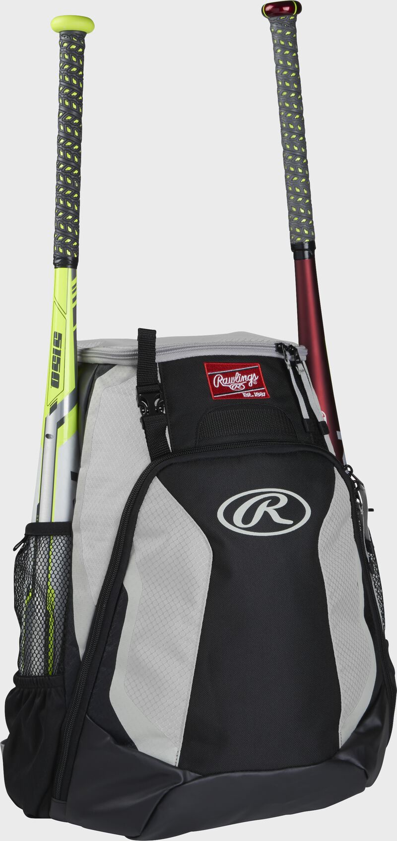 Right side of a black/white R500 Rawlings baseball backpack with a white bat in the bat sleeve