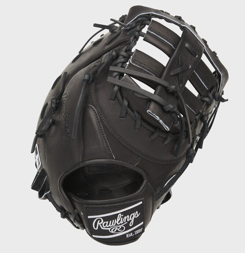 Black back of a Pro Preferred 13-inch first base mitt with a black Rawlings patch - SKU: PROSDCTB