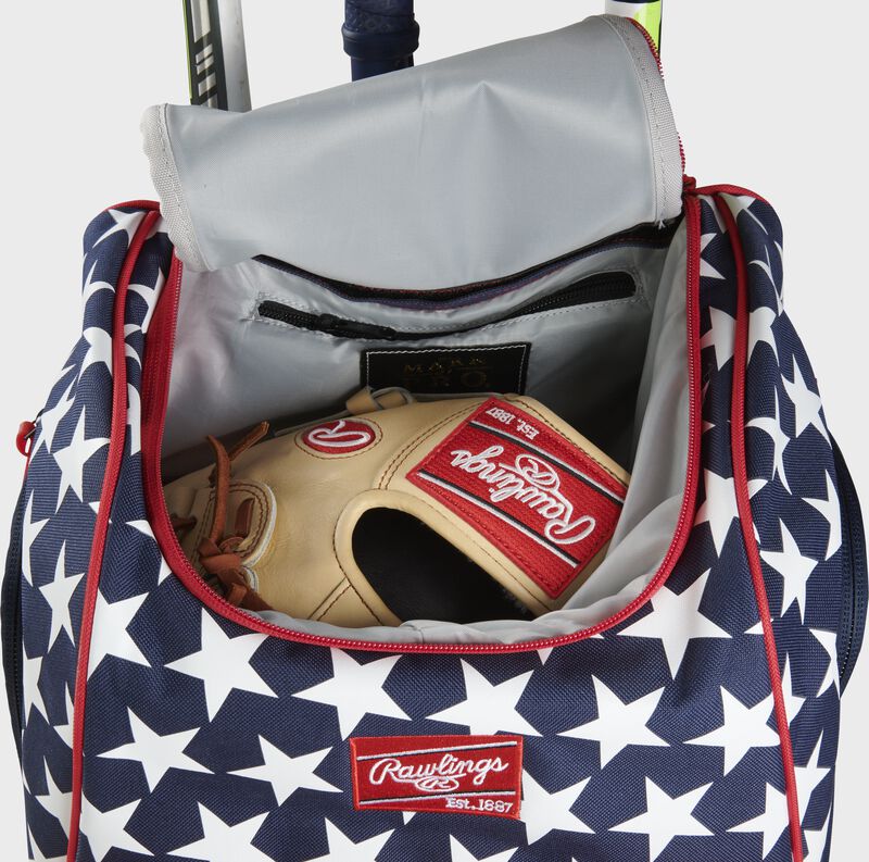 Above view of red, white, and blue Rawlings Legion Backpack with glove inside - SKU: LEGION loading=