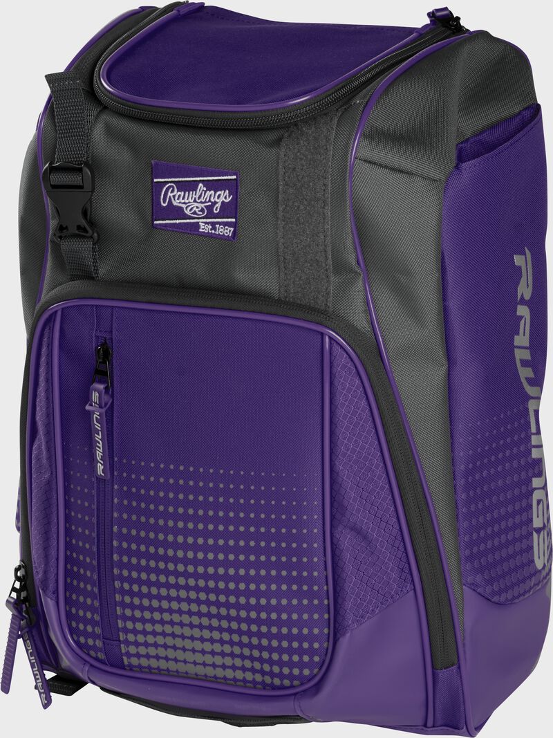 Front angle of a purple Franchise backpack with gray accents and purple Rawlings patch logo - SKU: FRANBP-PU