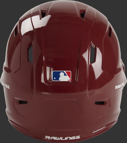 Back of a cardinal red MCH01A Rawlings Mach batting helmet with a MLB logo sticker