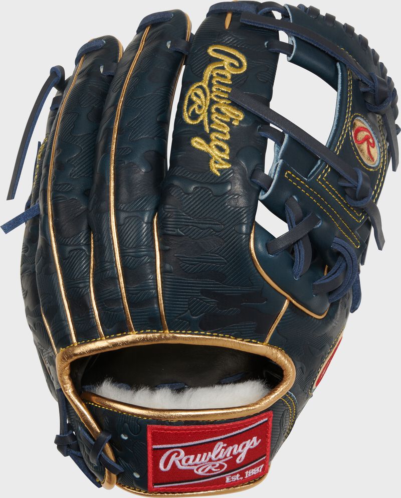 Geo-print navy back of a Rawlings Gameday 57 Series Anthony Volpe Pro Preferred glove