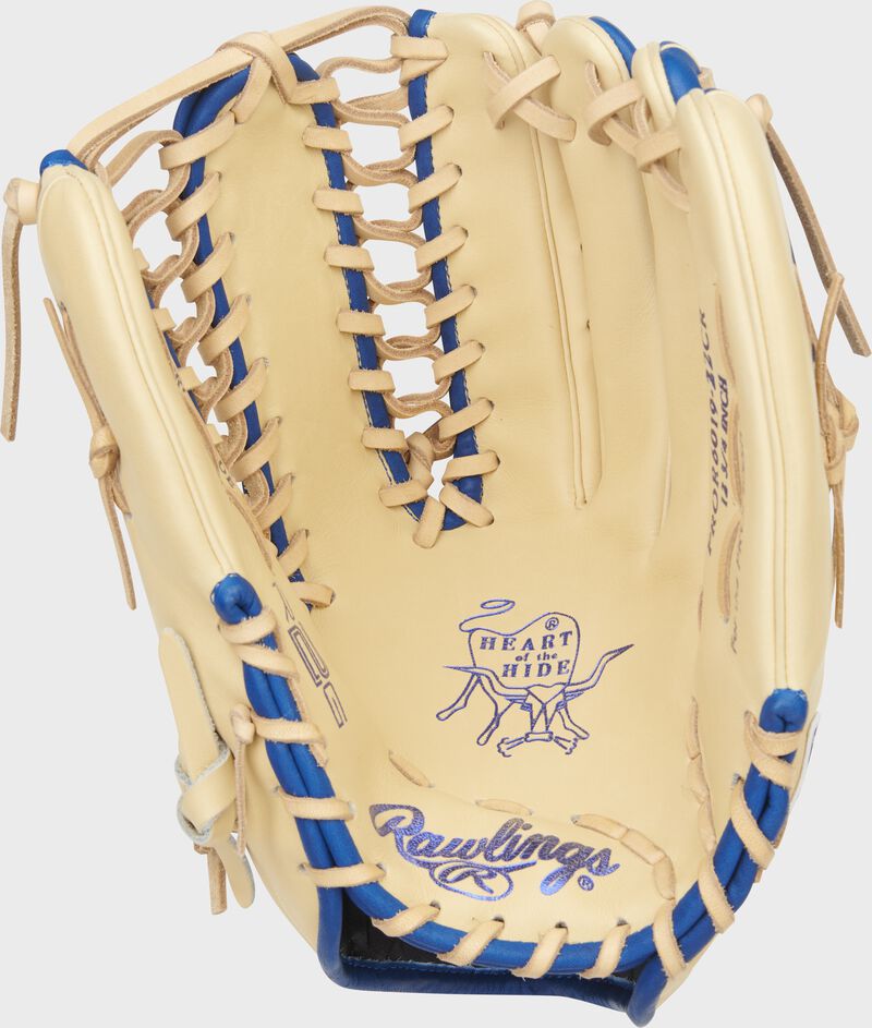 Camel palm of a Rawlings Heart of the Hide R2G outfield glove with royal palm stamp and camel laces - SKU: PROR6019-22CR loading=