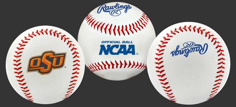 3 views of a NCAA Oklahoma State Cowboys baseball with a team logo, NCAA logo and Rawlings logo