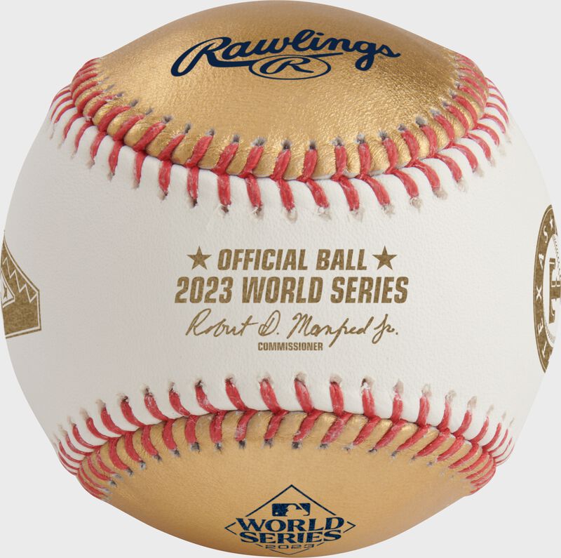 Front of a white/gold 2023 Gold World Series dueling baseball - SKU: WSBB23DL