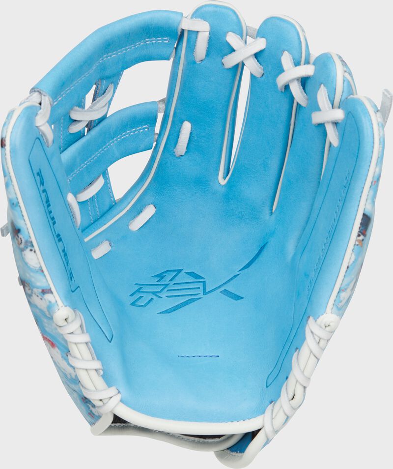 Columbia blue leather palm of a Rawlings REV1X snowman infield glove with white laces - SKU: REV205-32CBW