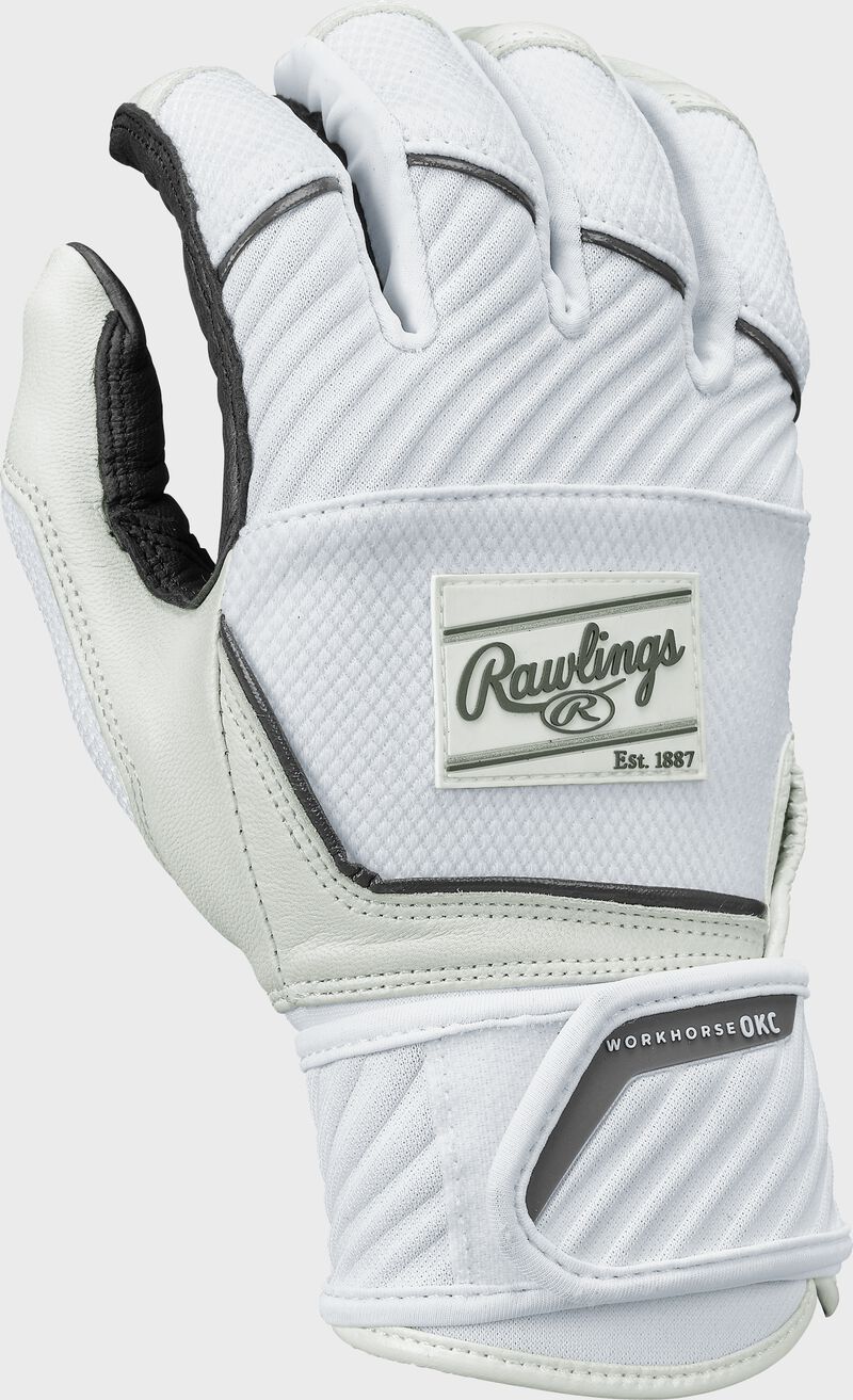 Back of a white Women's Workhorse OKC compression strap fastpitch batting glove