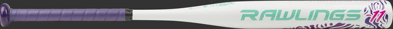 FPZO11 Ombre fastpitch bat with a white barrel, mint logo and purple grip