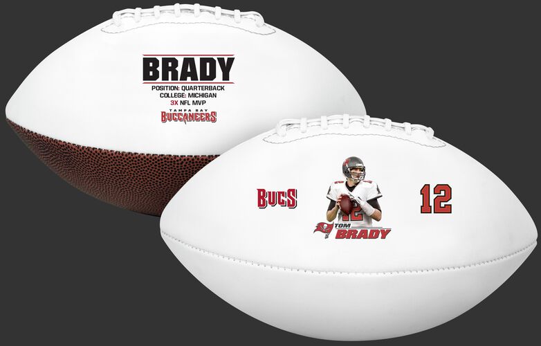 Two images showing both sides of a Tom Brady full size football - SKU: 35341108111