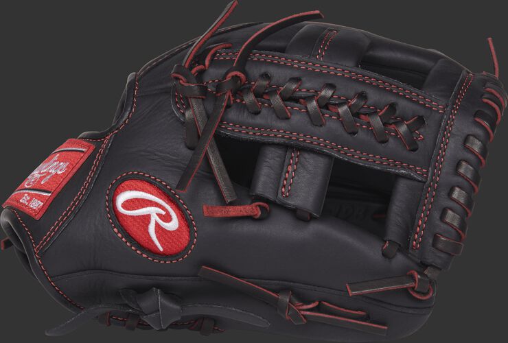 Thumb view of a black R9YPT1-19B R9 Series 11-inch youth infield glove with a black X Laced Single Post web