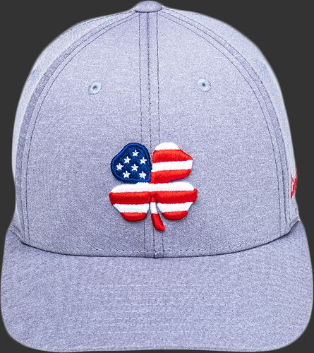A gray Rawlings Black Clover USA heathered fitted hat with a red, white and blue clover leaf logo - SKU: BCR1RUH0071