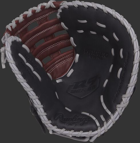 R9FM18BSG Rawlings R9 Series first base mitt with a black palm and grey laces