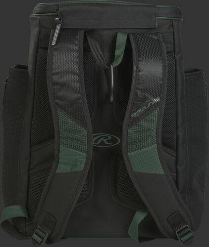 Back of a dark green/black R600 Rawlings Players backpack with black shoulder straps