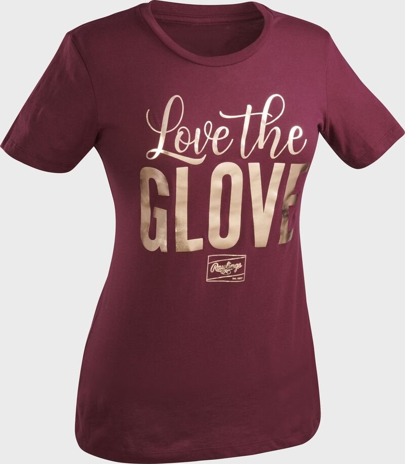 A maroon Rawlings women's short sleeve shirt with "Love the Glove" printed in gold