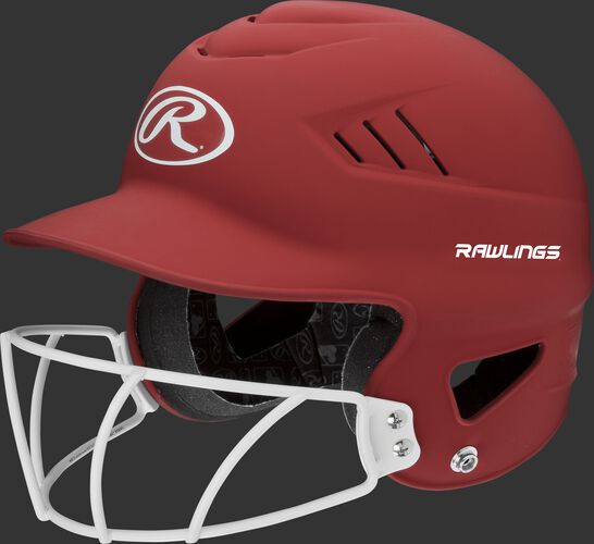 A scarlet RCFHLFG Coolflo batting helmet with a white facemask