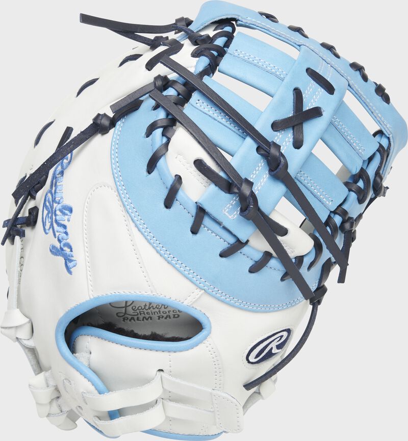 Back of a white/Columbia blue Liberty Advanced Color Series first base mitt - SKU: RLADCTSBWCBN