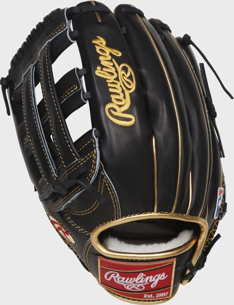 Back of a black Gold Glove 12.75-Inch H-web outfield glove with a red Rawlings patch - SKU: RGG1275PRO-RH