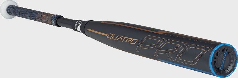3/4 view of a FPPE9 Quatro Pro end-load fastpitch bat with a navy barrel and rose gold accents