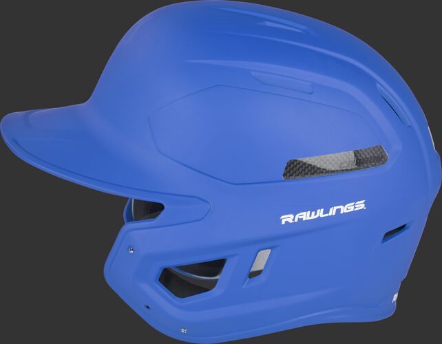 Left side of a matte royal CAR07A MACH Carbon high performance batting helmet with a carbon fiber plate insert