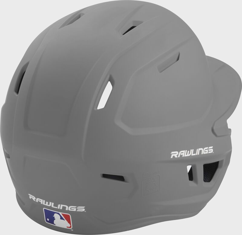 Back right of a one-tone matte silver MACH Rawlings batting helmet